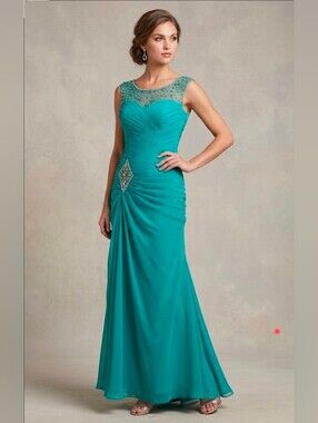 Elegant Teal Chiffon Embellished Evening Gown – Size 4